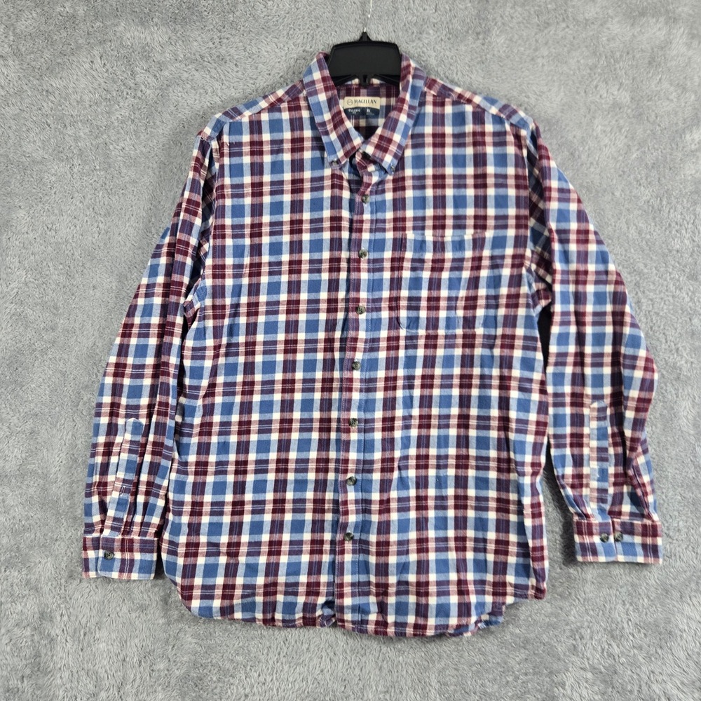 Magellan Outdoors Mens XL Flannel Shirt Plaid Long Sleeve Burgundy Blue Cotton
